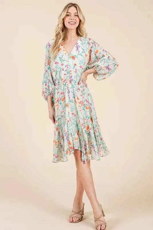 Lime 'N' Chili Floral Cinched Waist Balloon Sleeve V-Neck Dress