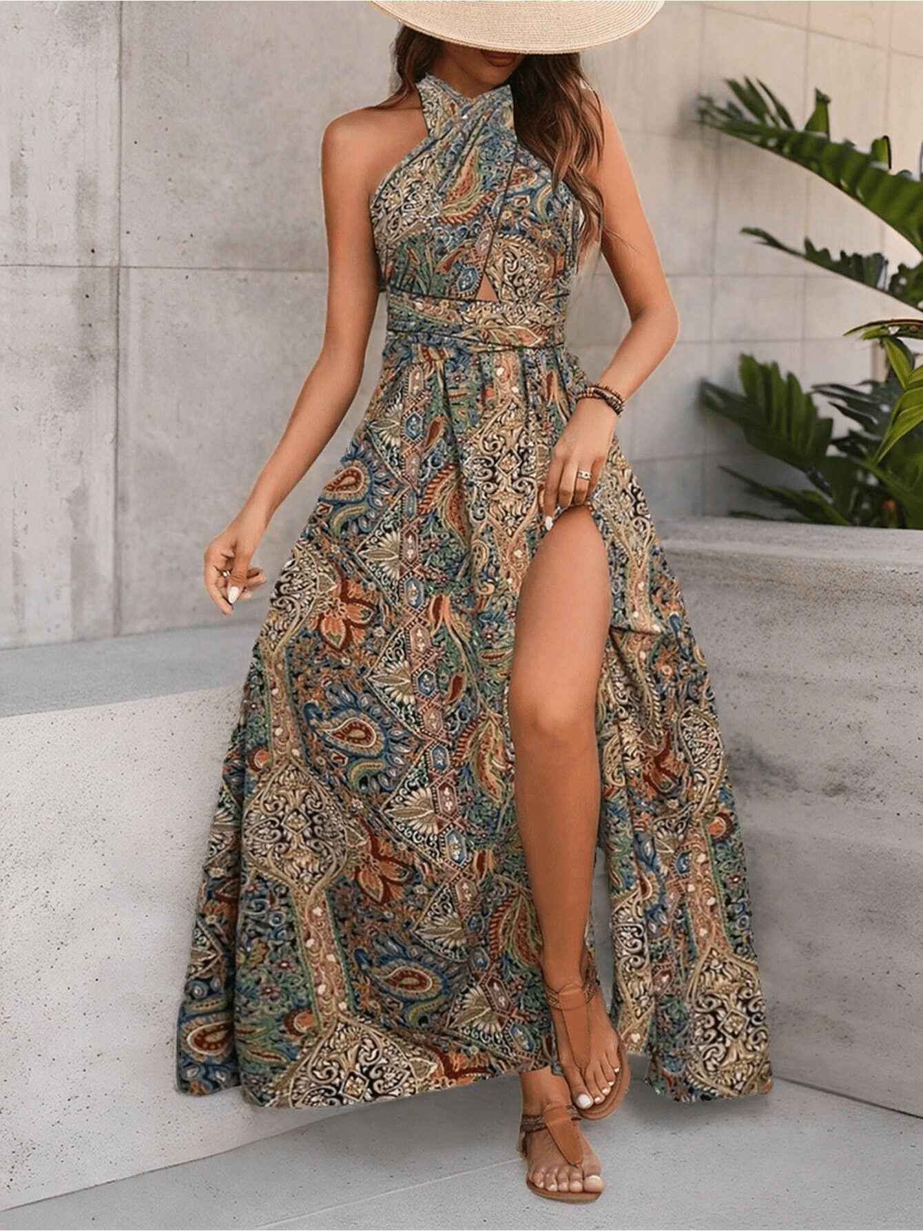 Women Print Maxi Dress High Waisted Cross Halter Neck With Tie Detail,Flowing Vacation Gown In Teal, Blue-Green & Brown Paisley Pattern, Machine Washable, Summer Fashion Decorative Tie Detail