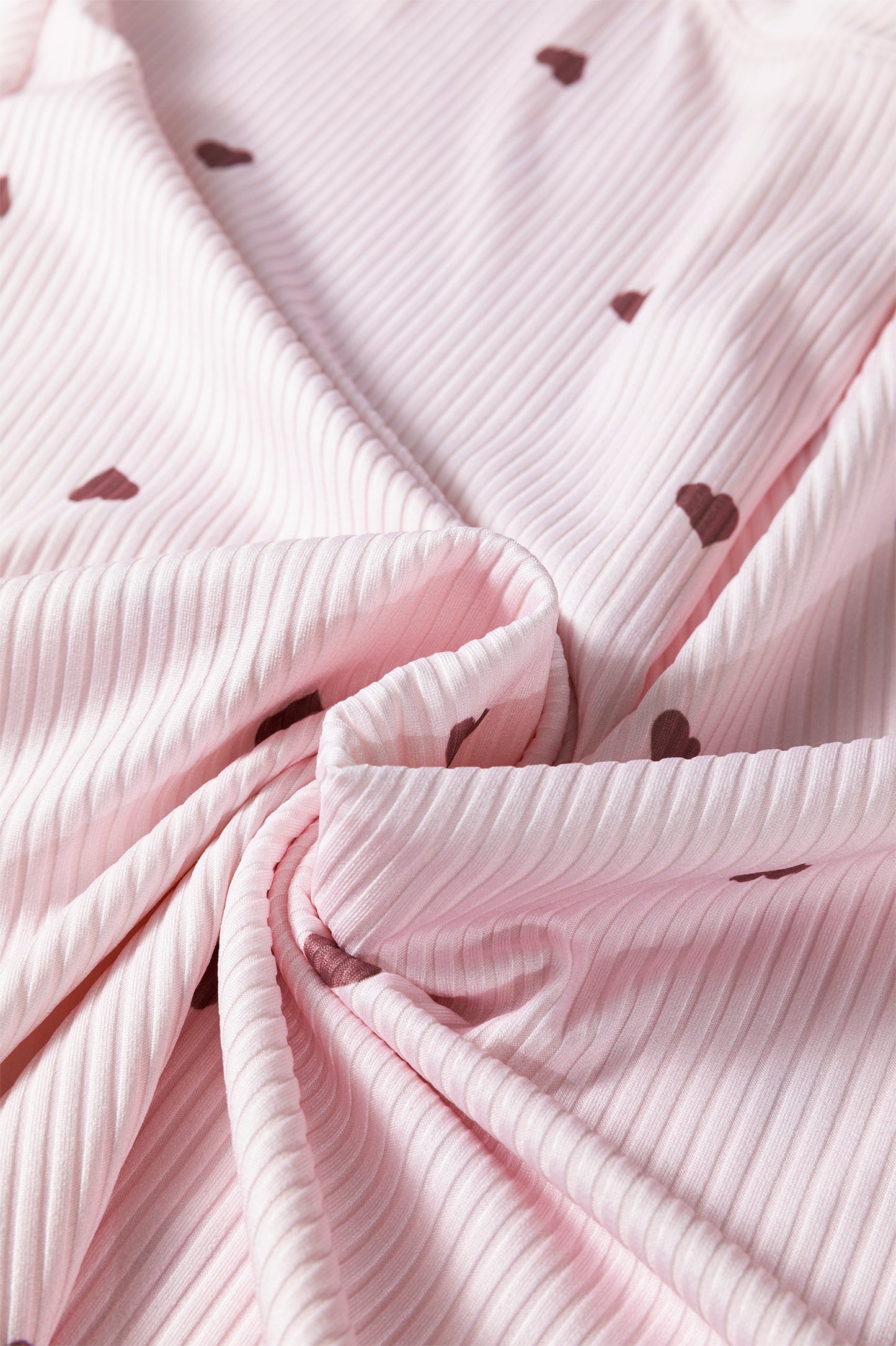 Light Pink Valentine Heart Shape Print Ribbed Knit Short Loungewear