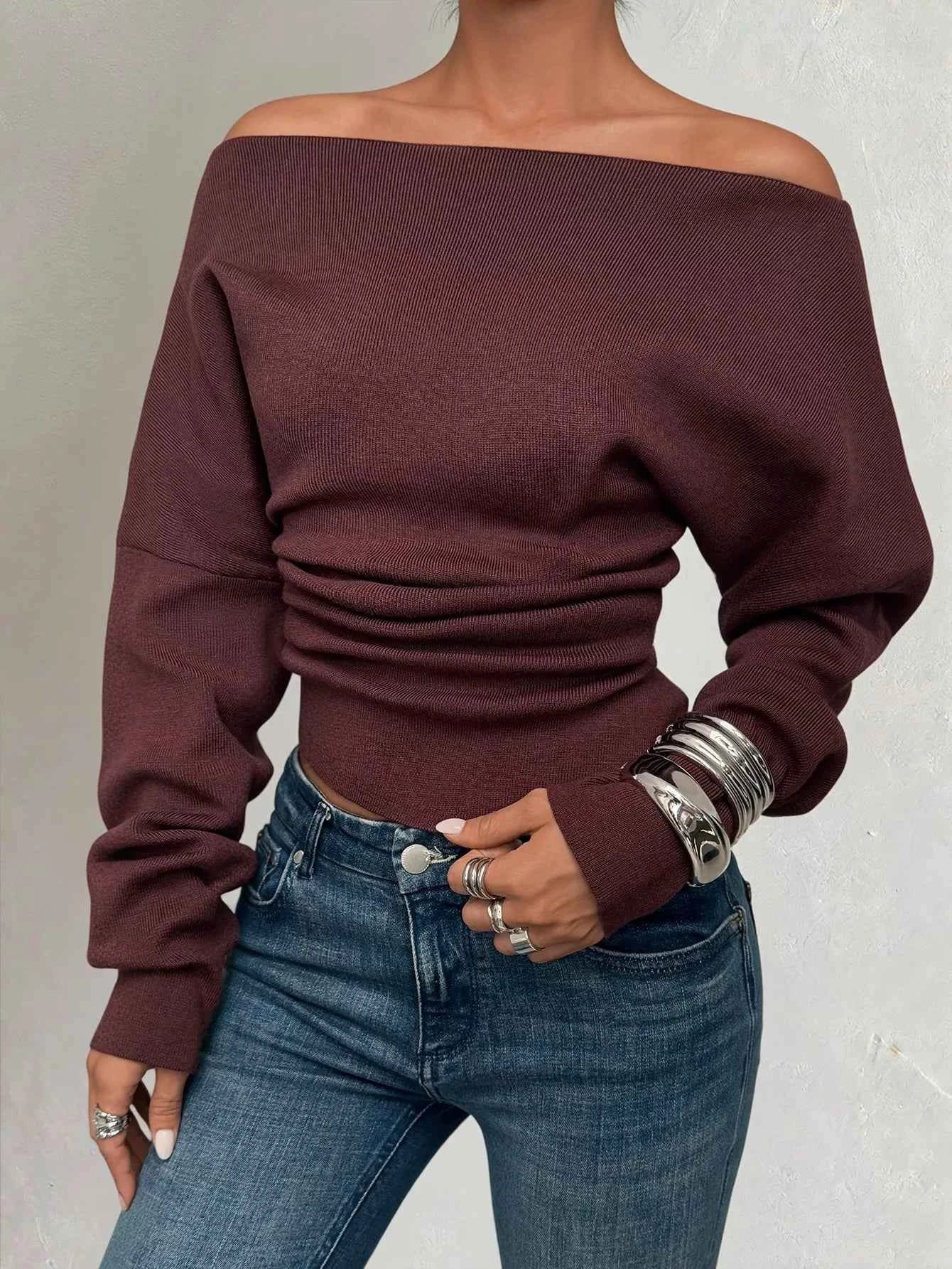 Off-Shoulder Rouched Long Sleeve Sweater