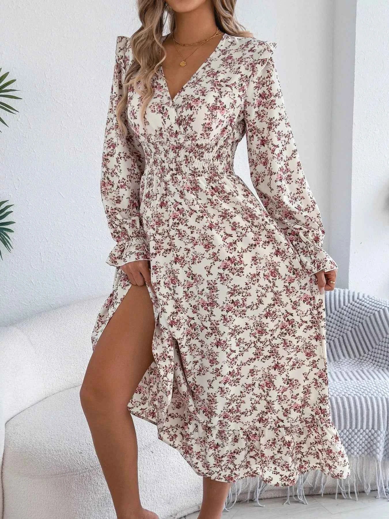 Ruffled Floral V-Neck Flounce Sleeve Dress
