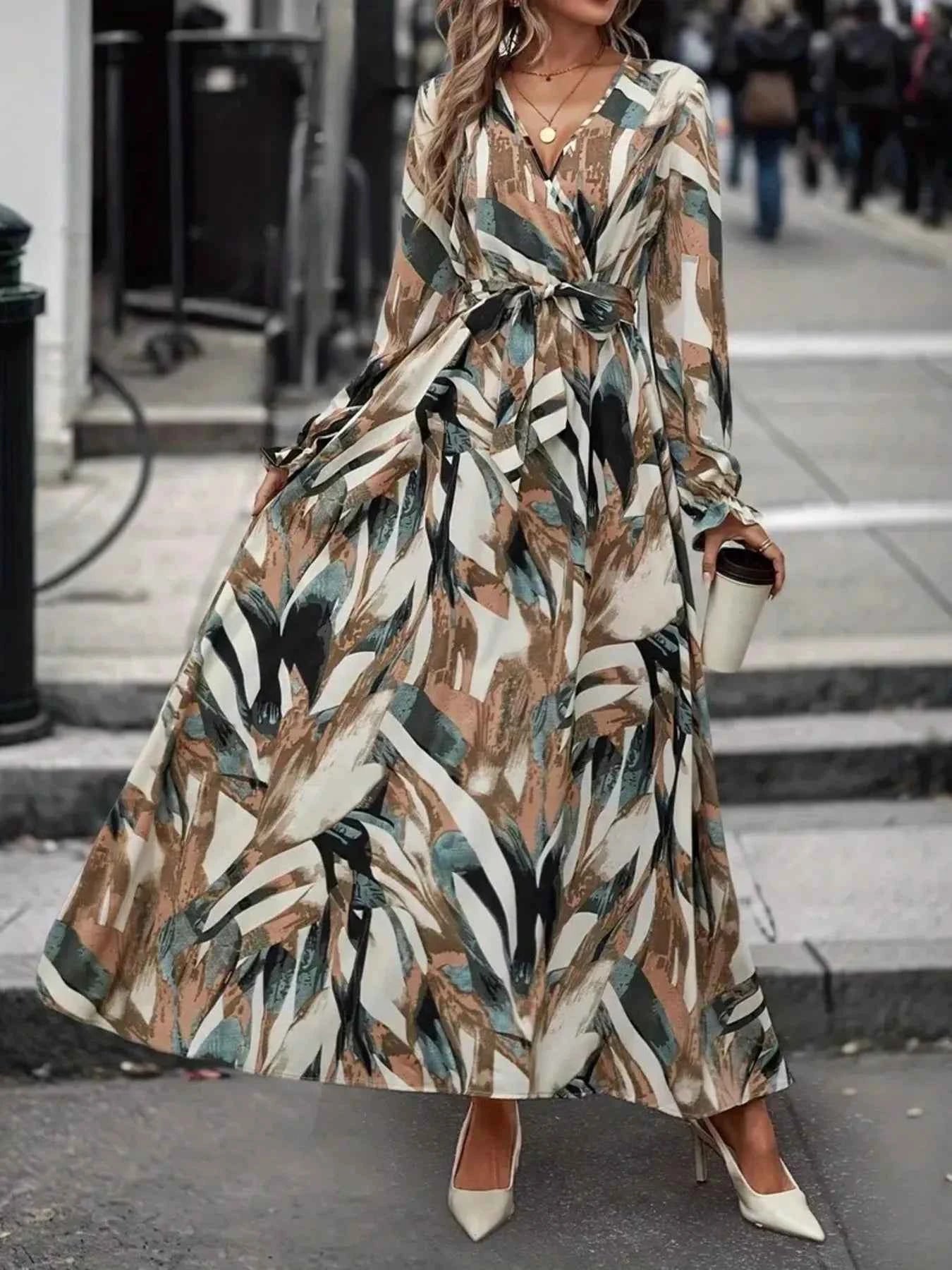 Printed Surplice Flounce Sleeve Maxi Dress