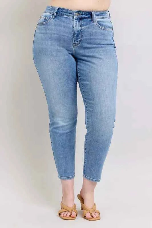 Judy Blue Full Size Mid Rise Vintage Wash Slim Jeans with Cell Phone Pocket Plus Size