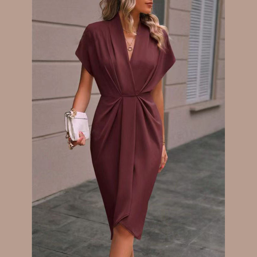 Summer Batwing Sleeve Dress - Stylish V-neck Pleated Short Sleeve Dress for Women - The Eggy's store