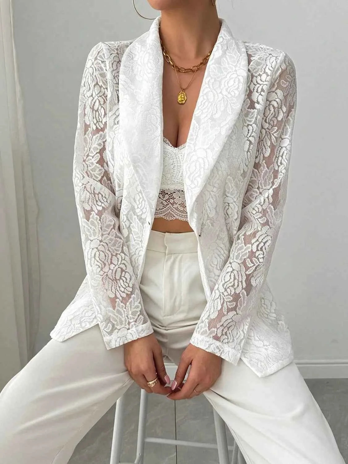 Chic Sheer Lace Lapel Blazer