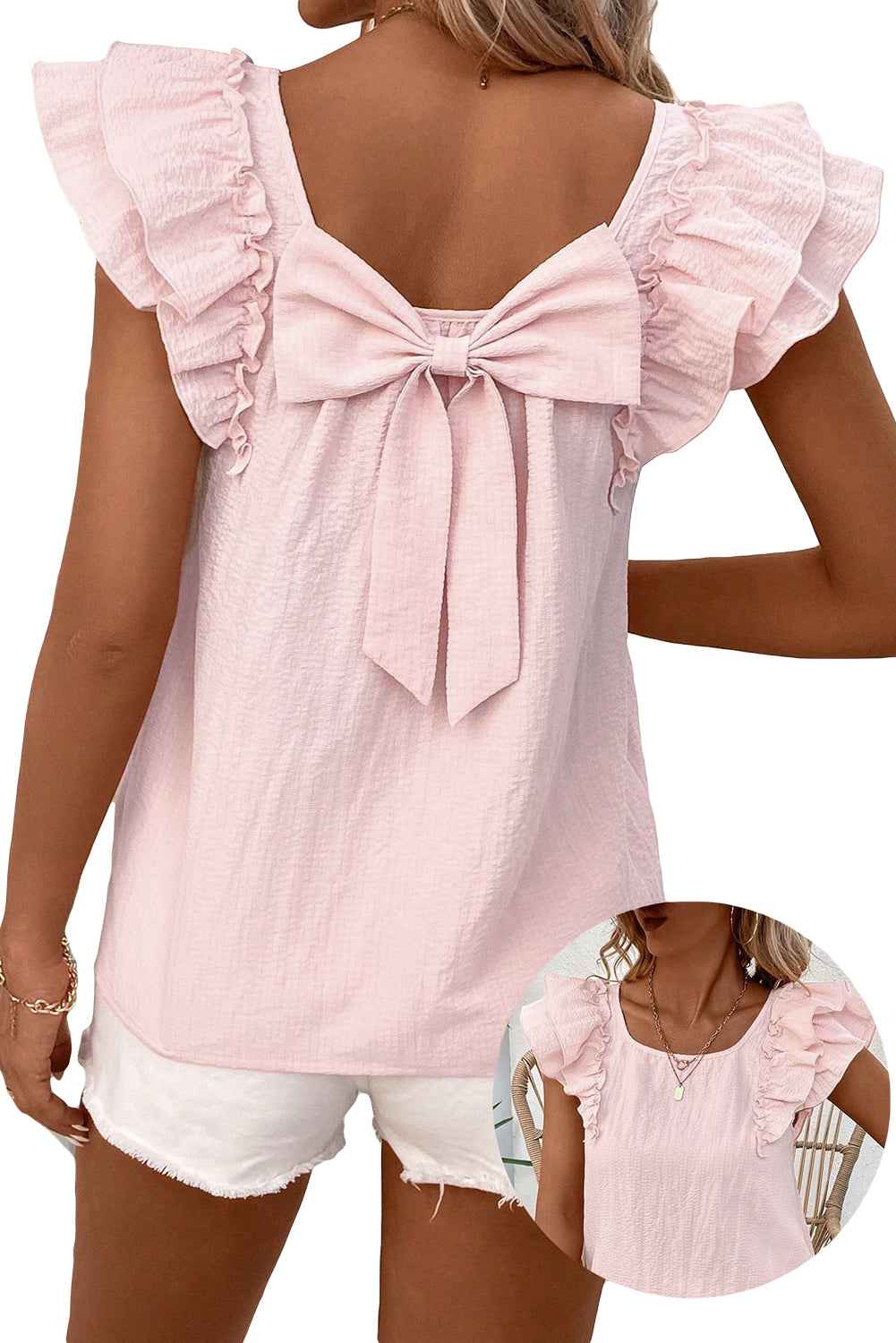 Gossamer Pink Textured Bow Frilled Ruffle Sleeve Blouse
