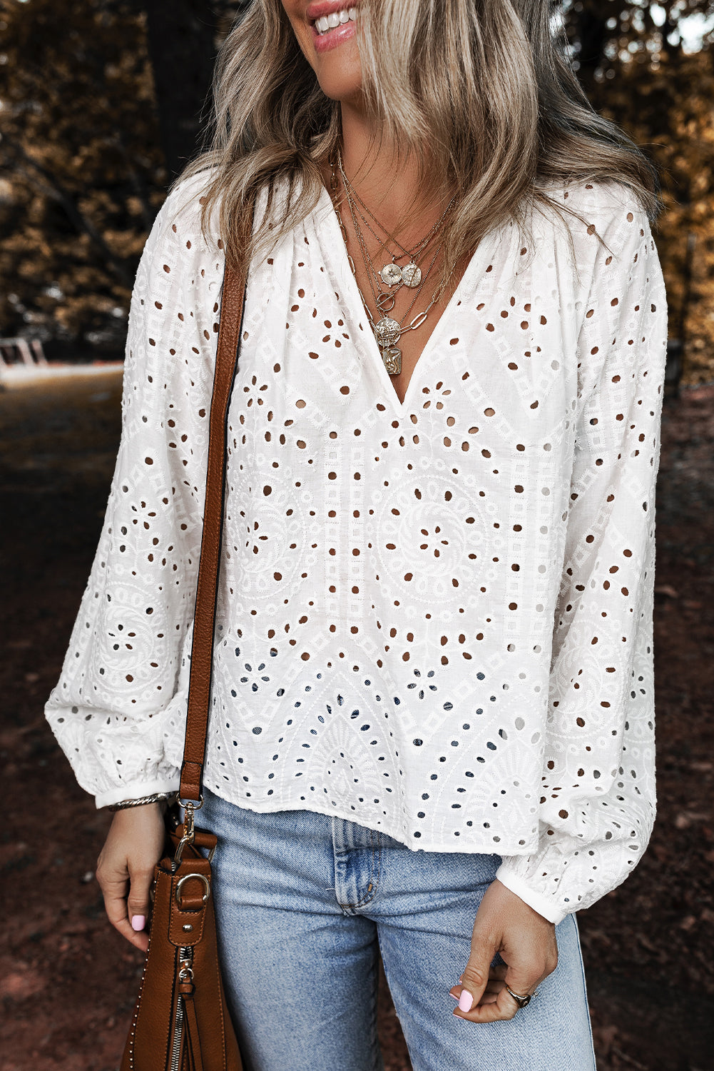 White Eyelet Embroidered Puff Sleeve V Neck Blouse - The Eggy's store