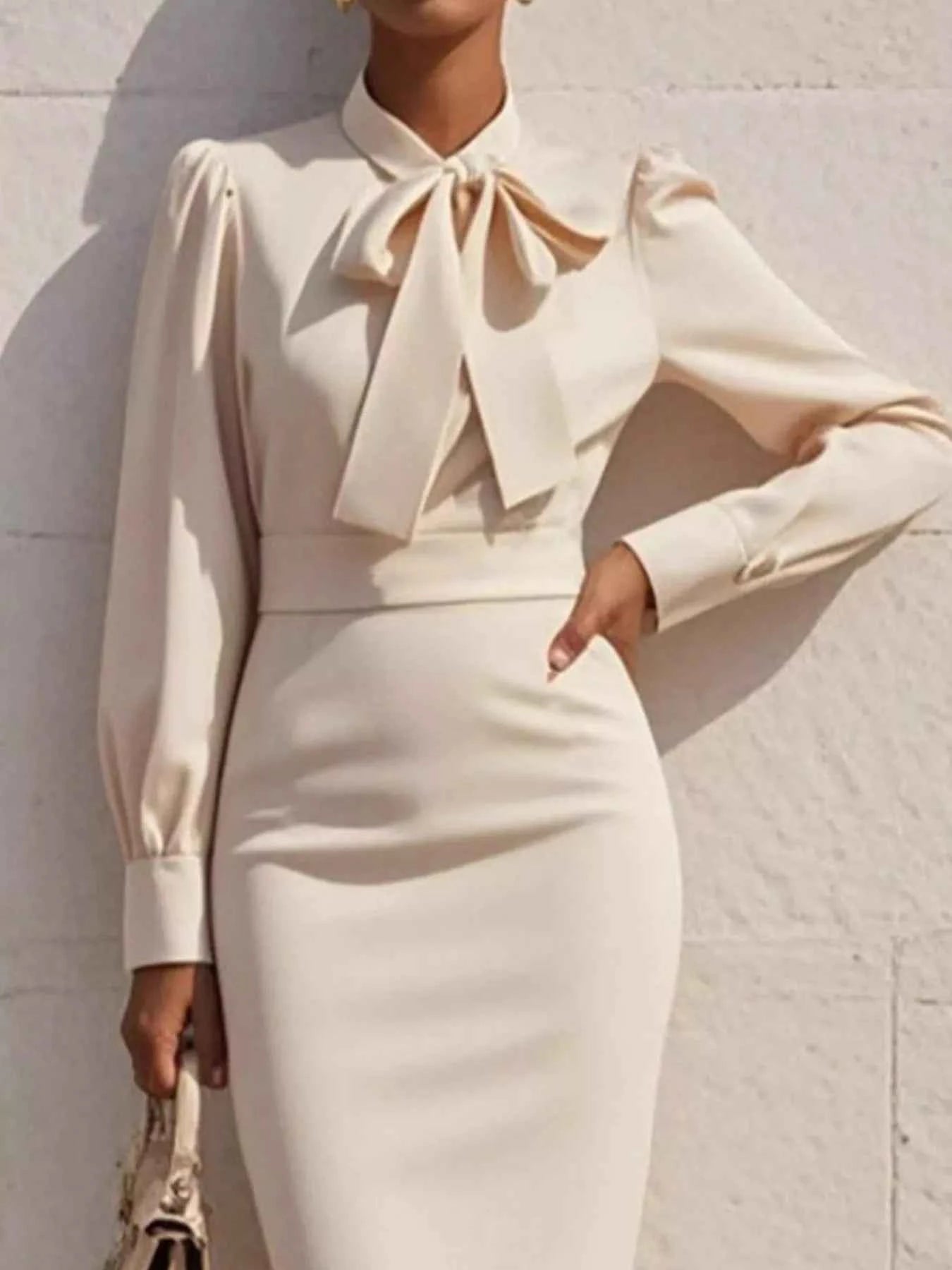 Bow Tie Neck Long Sleeve Bodycon Dress