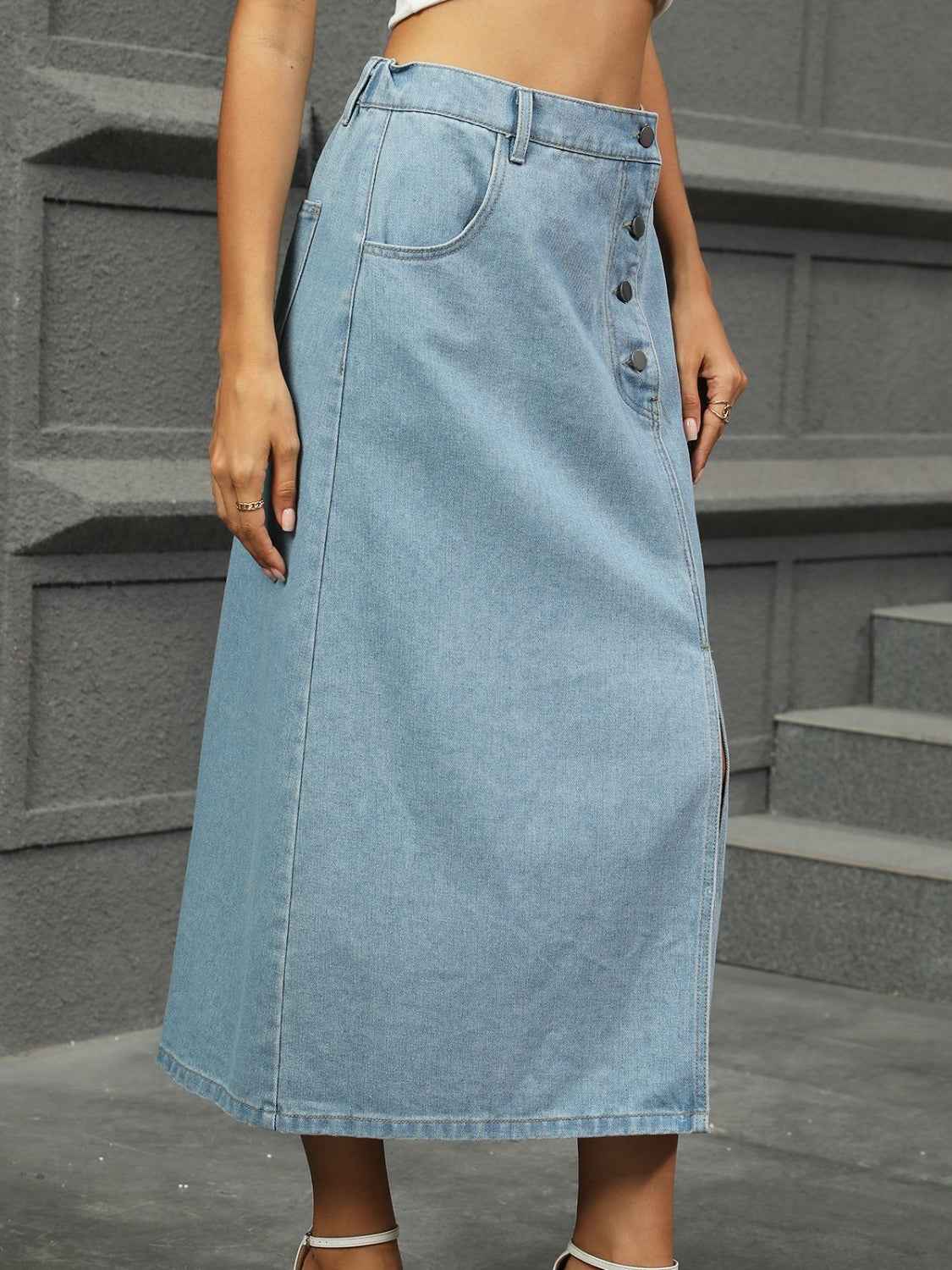 Slit Button Detail Denim Midi Skirt