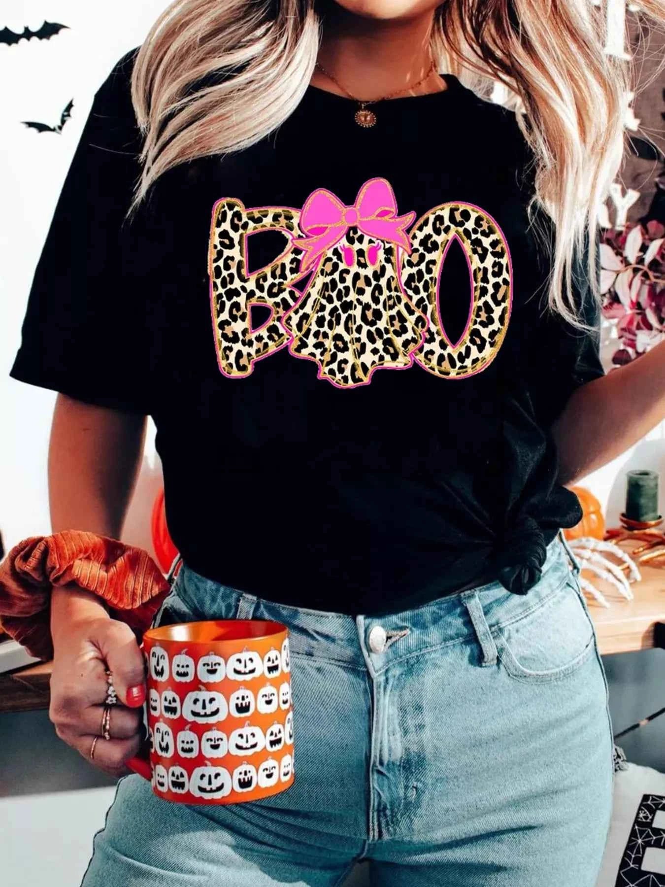 Round Neck Ghost Boo Halloween Graphic T Shirt