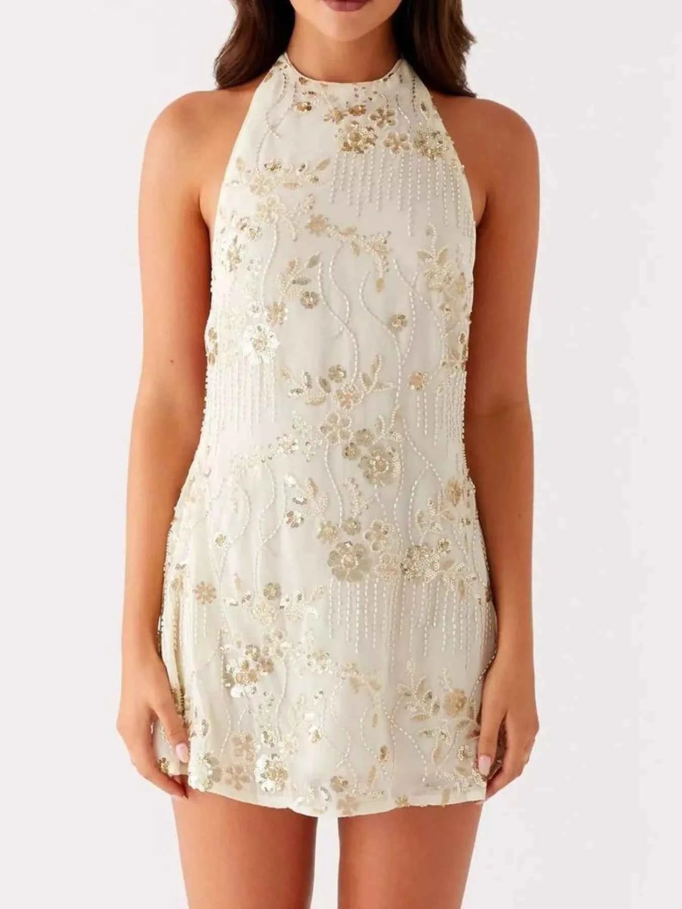 Backless Embroidered Halter Neck Mini Dress