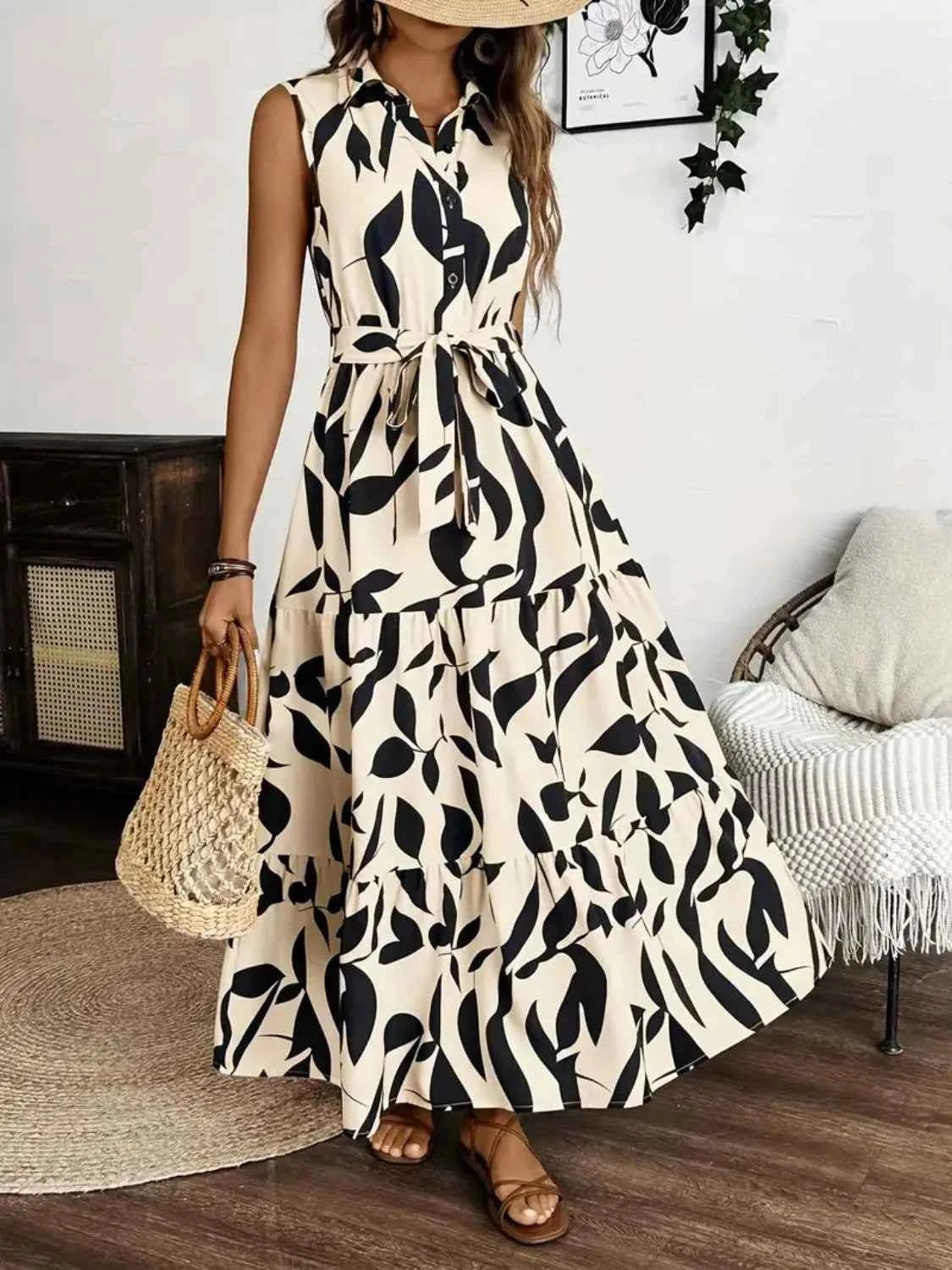 Printed Tie Waist Sleeveless Maxi Dress