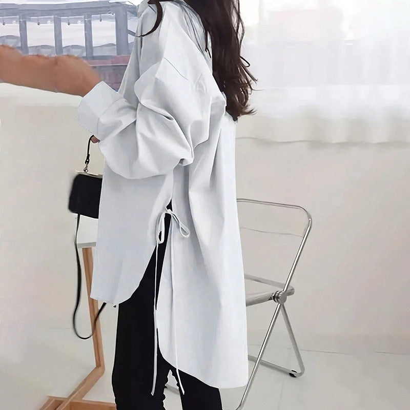 Women's Casual Loose-Fit Long Sleeve Shirt - Side Slit Tie Detail Button-Down Blouse, Solid Color Top - The Eggy's store
