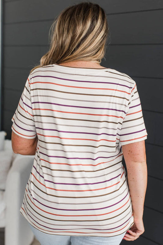 White Stripe V Neck Casual Plus Size T-Shirt