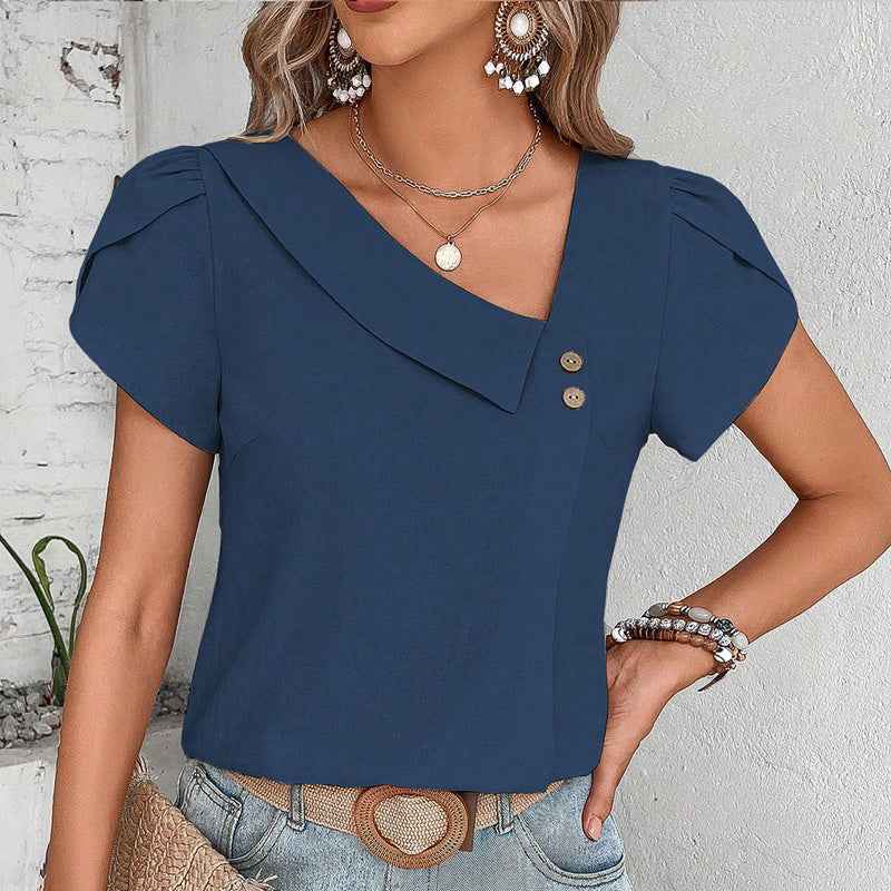 Women's Casual Petal Sleeve Asymmetrical V Neck Work Shirts Blouse Tops