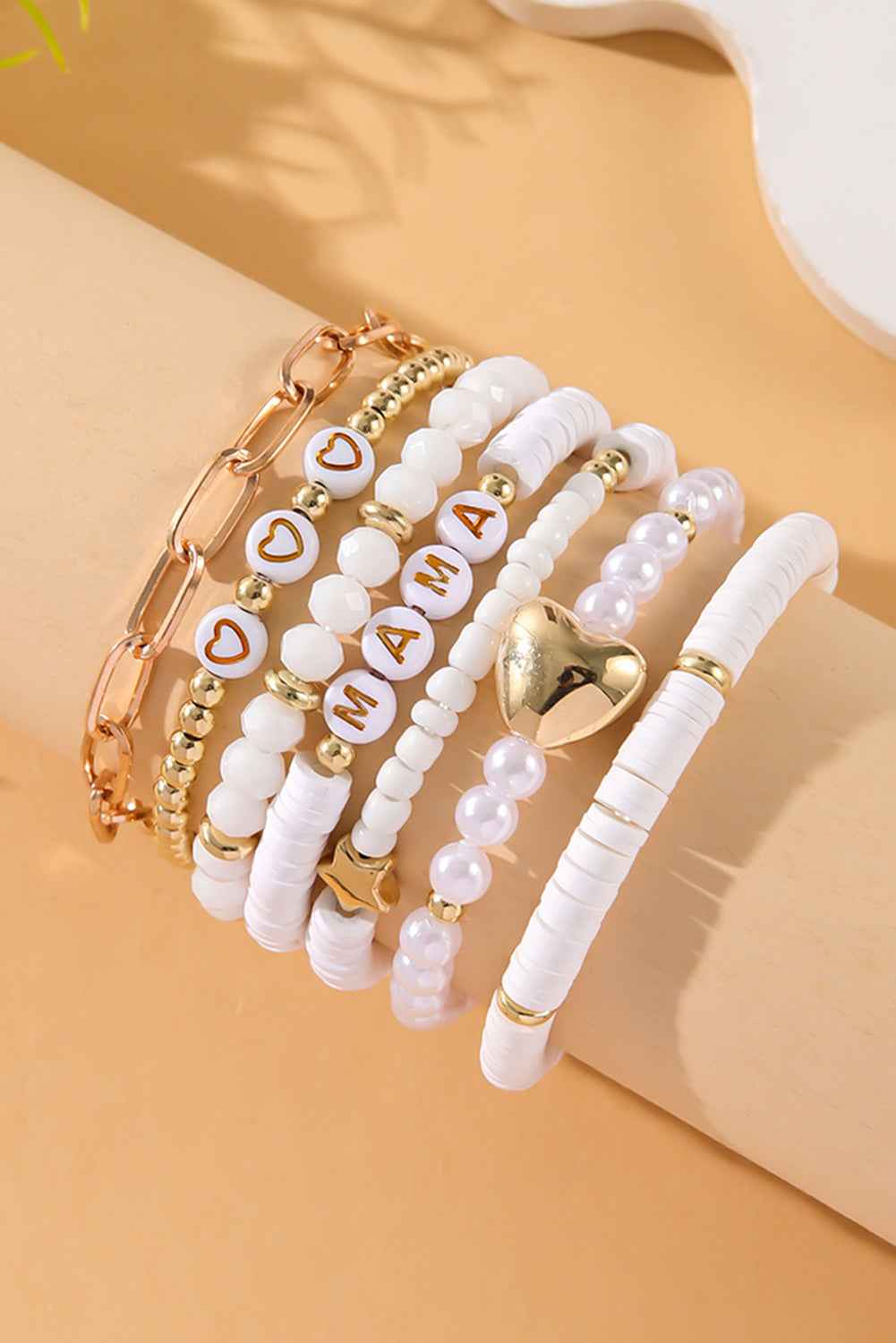 White MAMA Heart Pearl Layer Bracelet