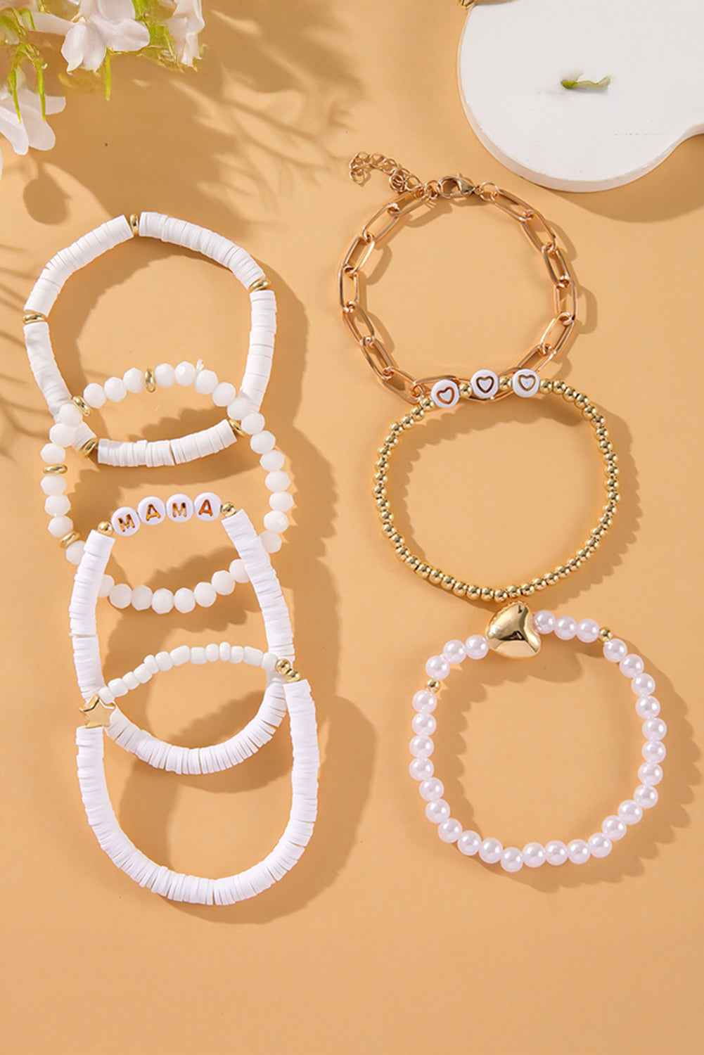 White MAMA Heart Pearl Layer Bracelet