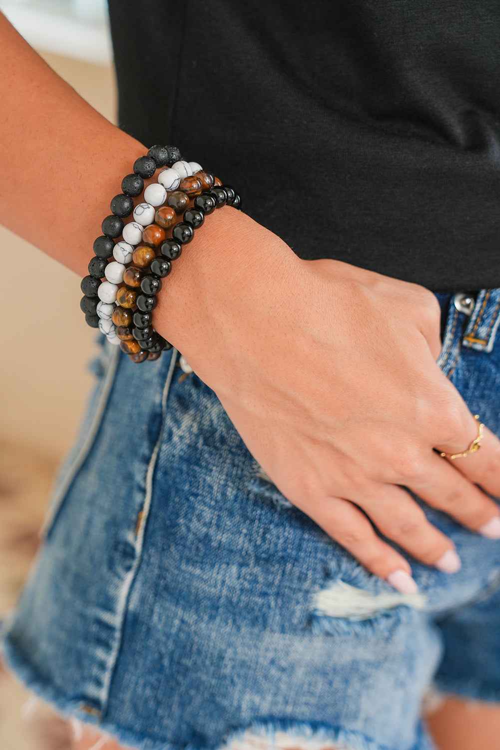 Black Retro Beaded Crystal 4pcs Bracelet Set