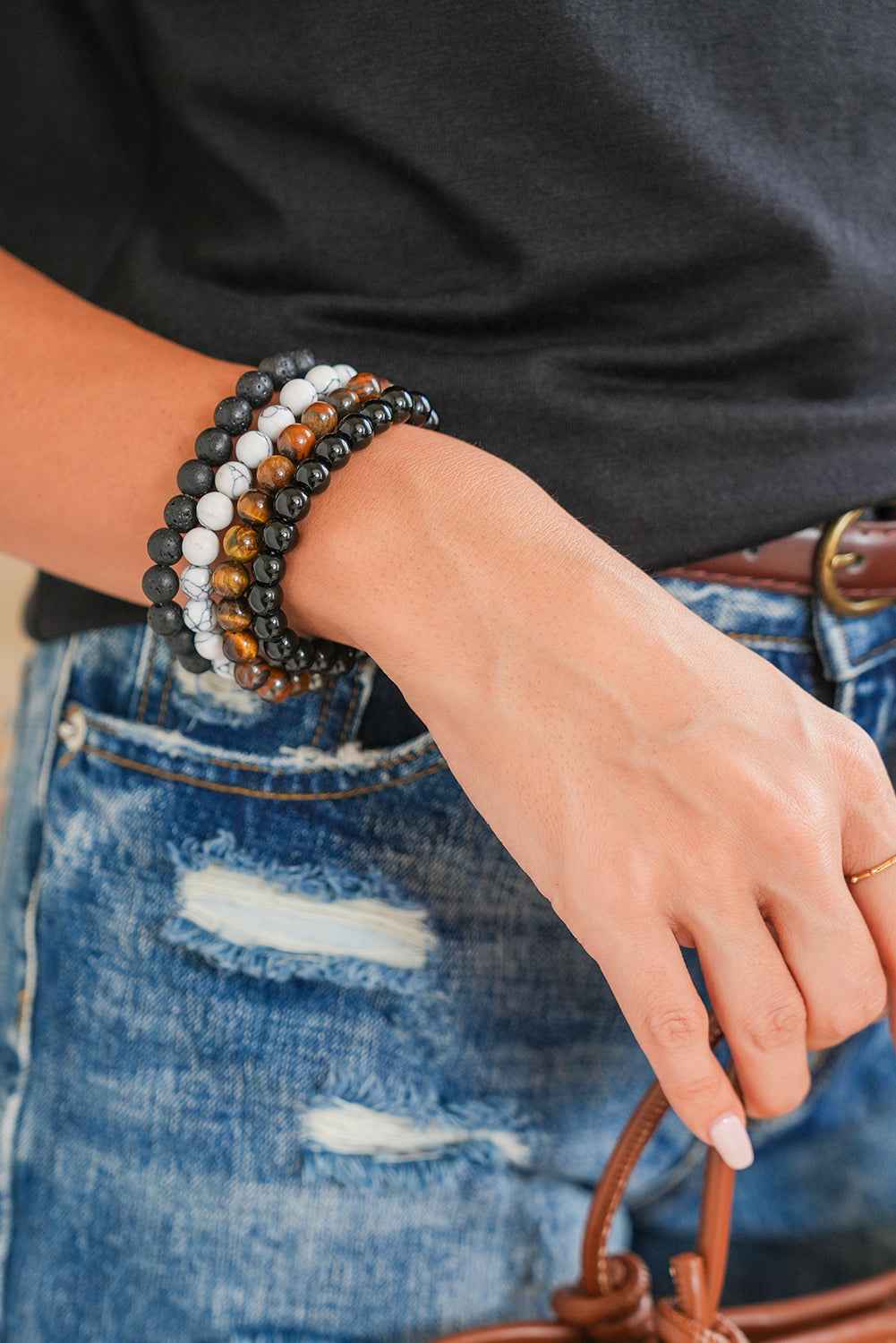 Black Retro Beaded Crystal 4pcs Bracelet Set