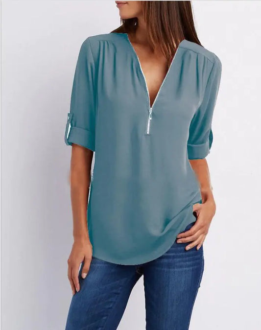 Plus Size V-Neck Long Sleeve Zip Chiffon Blouse