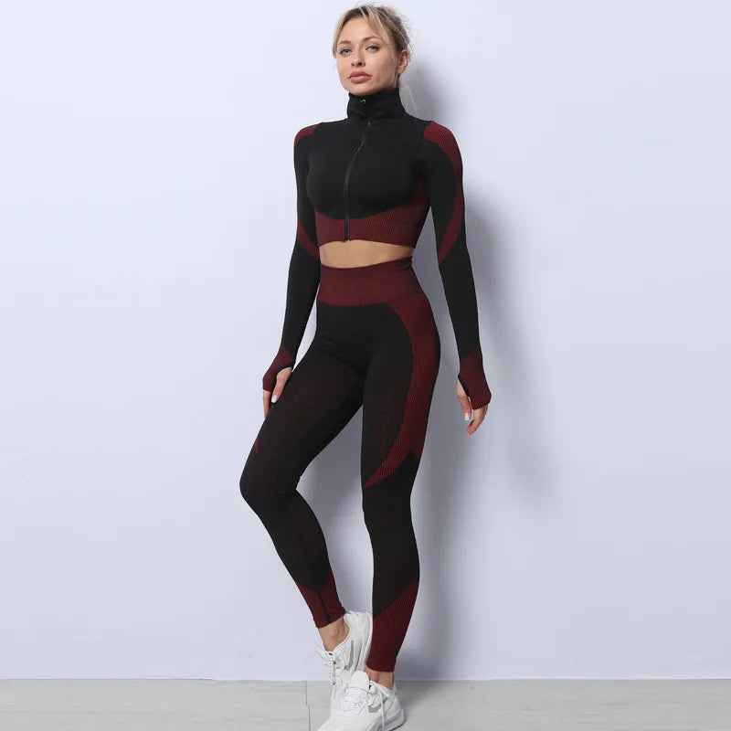 Women's Tracksuit 3 Piece High Waist Leggings and Crop Top Zip Up