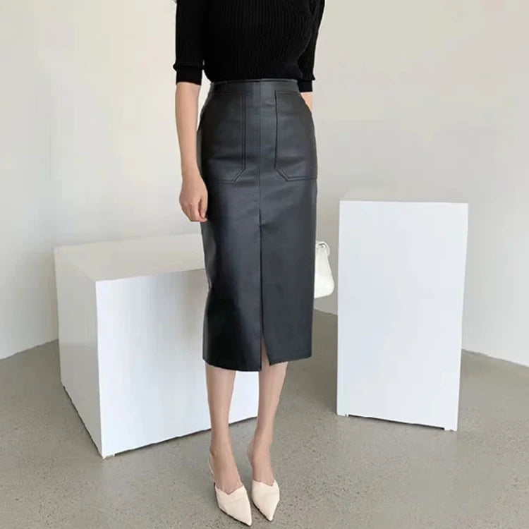 Slim Straight Faux Leather Skirt Women Chic Split Design Fashion - The Eggy's store