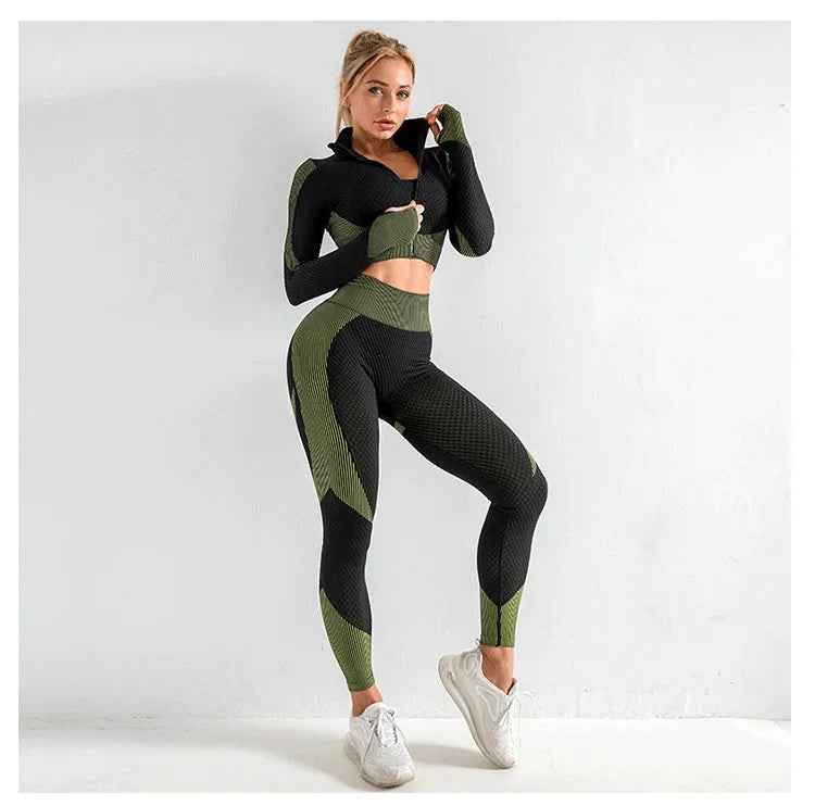 Women's Tracksuit 3 Piece High Waist Leggings and Crop Top Zip Up