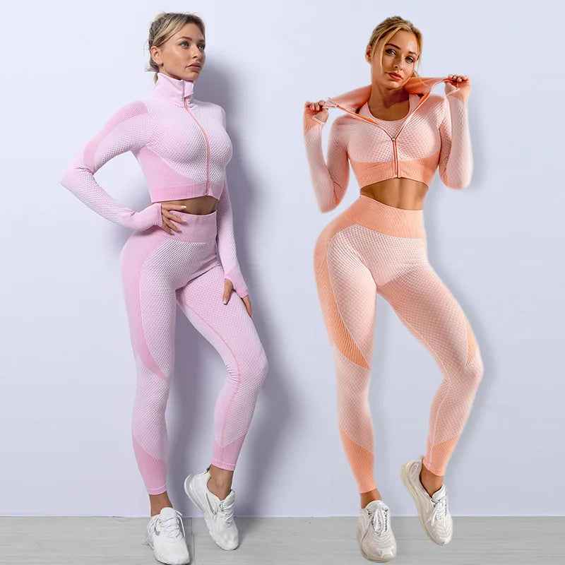 Women's Tracksuit 3 Piece High Waist Leggings and Crop Top Zip Up