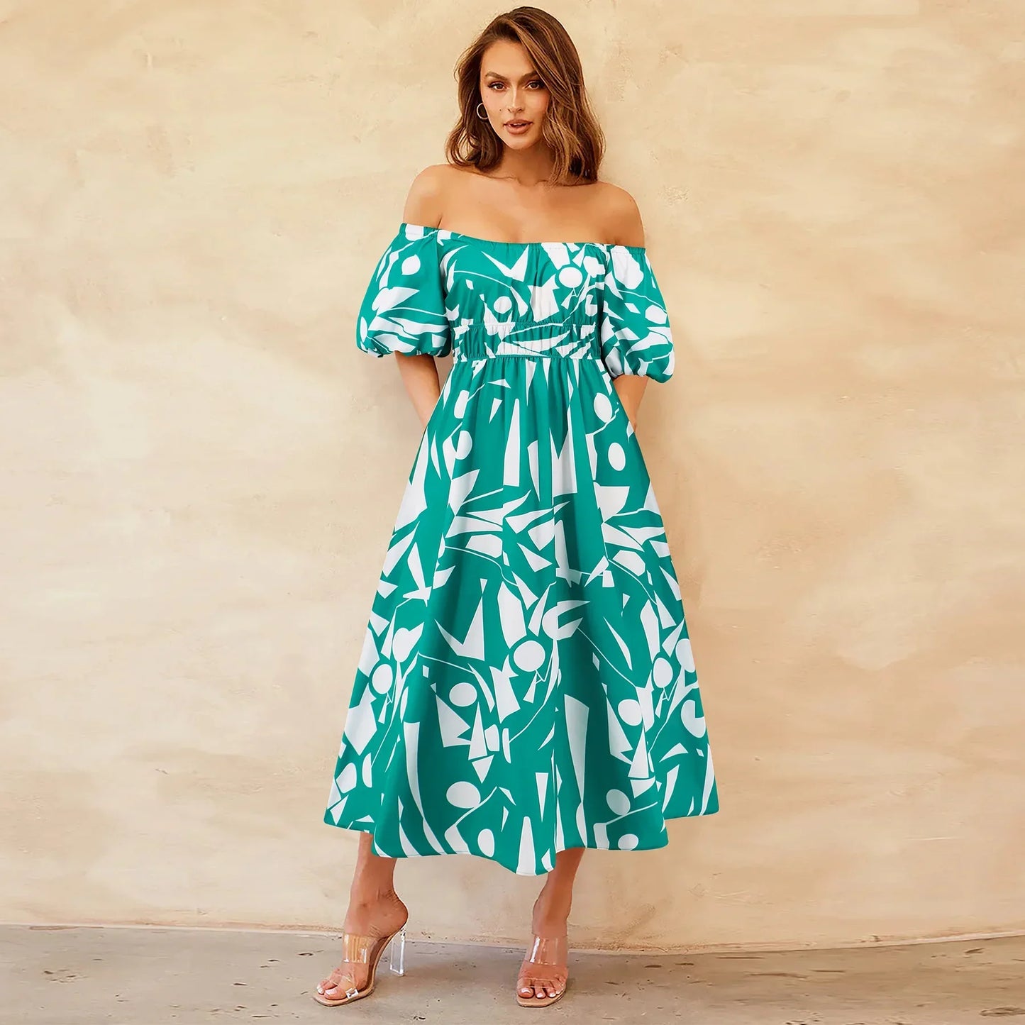 Sexy off Shoulder Bubble Sleeves Printed Maxi Dress Bohemian Dress