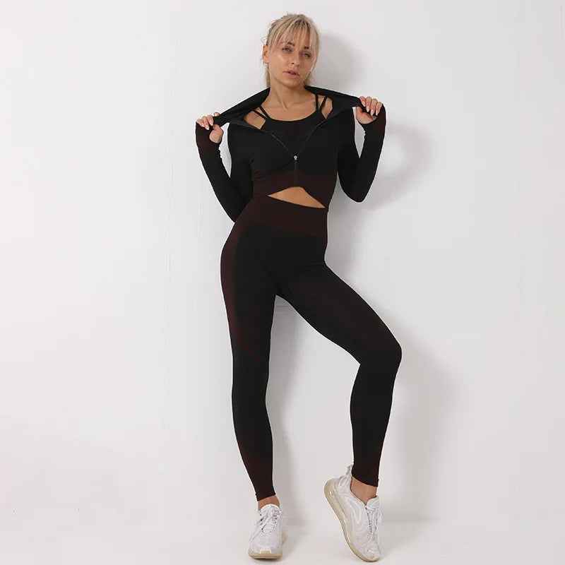 Women's Tracksuit 3 Piece High Waist Leggings and Crop Top Zip Up