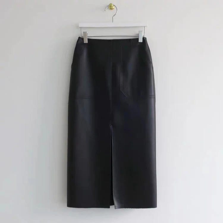 Slim Straight Faux Leather Skirt Women Chic Split Design Fashion - The Eggy's store