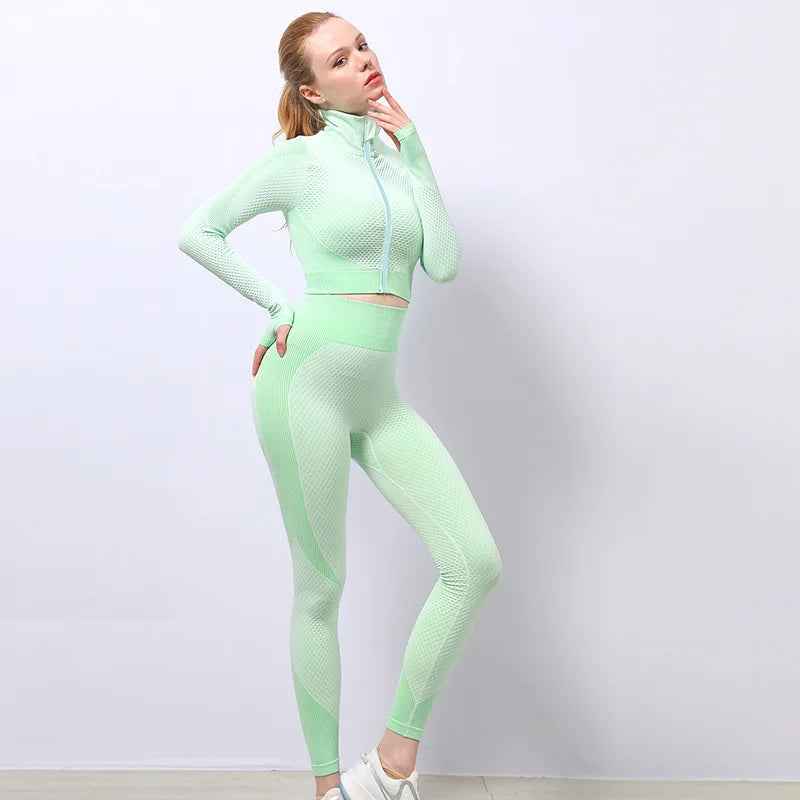 Women's Tracksuit 3 Piece High Waist Leggings and Crop Top Zip Up