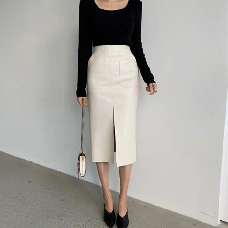 Slim Straight Faux Leather Skirt Women Chic Split Design Fashion - The Eggy's store