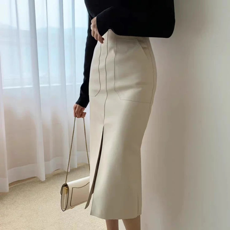 Slim Straight Faux Leather Skirt Women Chic Split Design Fashion - The Eggy's store