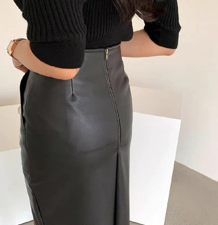 Slim Straight Faux Leather Skirt Women Chic Split Design Fashion - The Eggy's store
