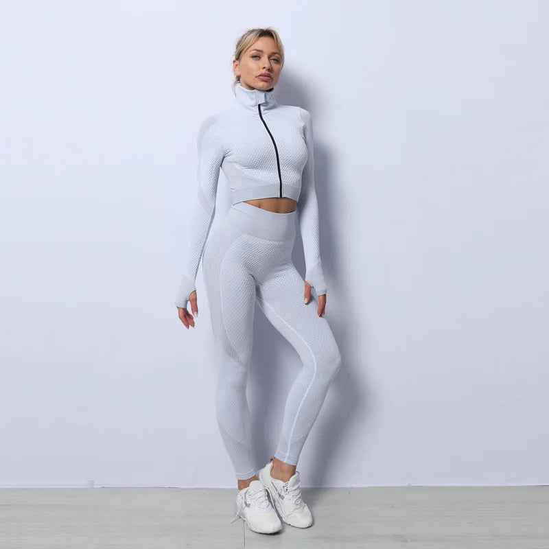 Women's Tracksuit 3 Piece High Waist Leggings and Crop Top Zip Up