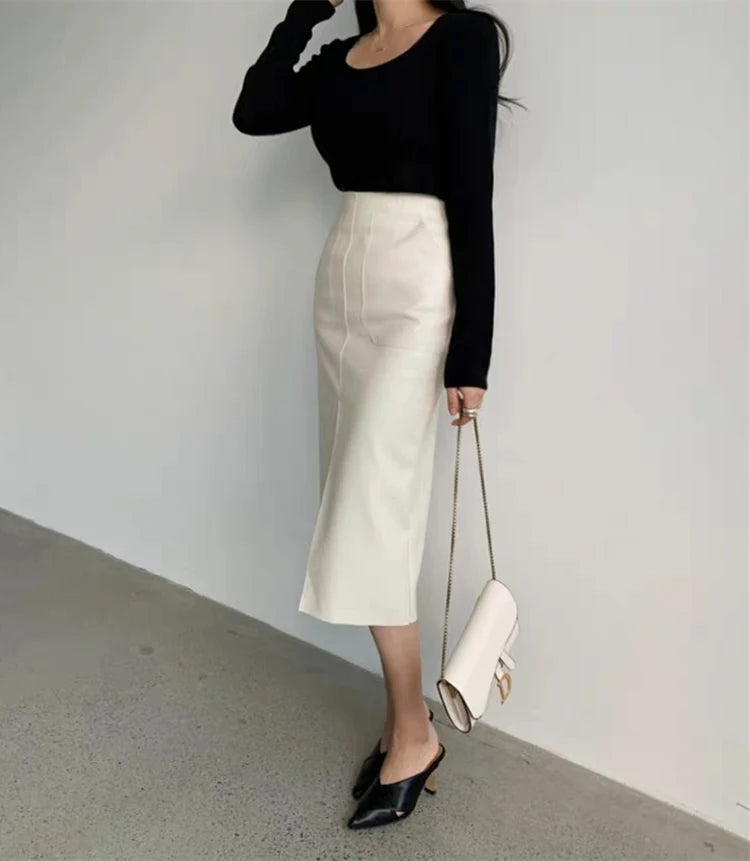 Slim Straight Faux Leather Skirt Women Chic Split Design Fashion - The Eggy's store