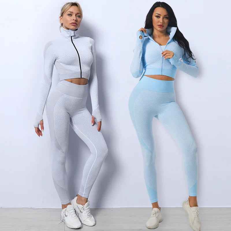 Women's Tracksuit 3 Piece High Waist Leggings and Crop Top Zip Up