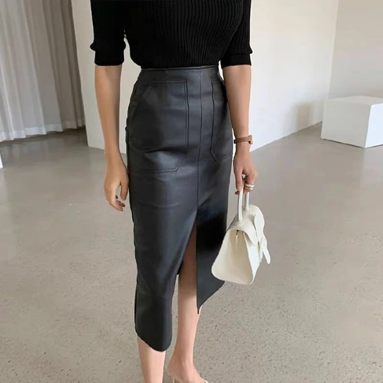Slim Straight Faux Leather Skirt Women Chic Split Design Fashion - The Eggy's store