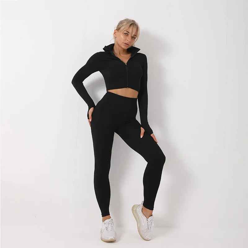 Women's Tracksuit 3 Piece High Waist Leggings and Crop Top Zip Up