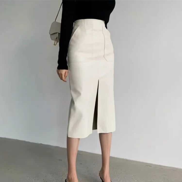 Slim Straight Faux Leather Skirt Women Chic Split Design Fashion - The Eggy's store