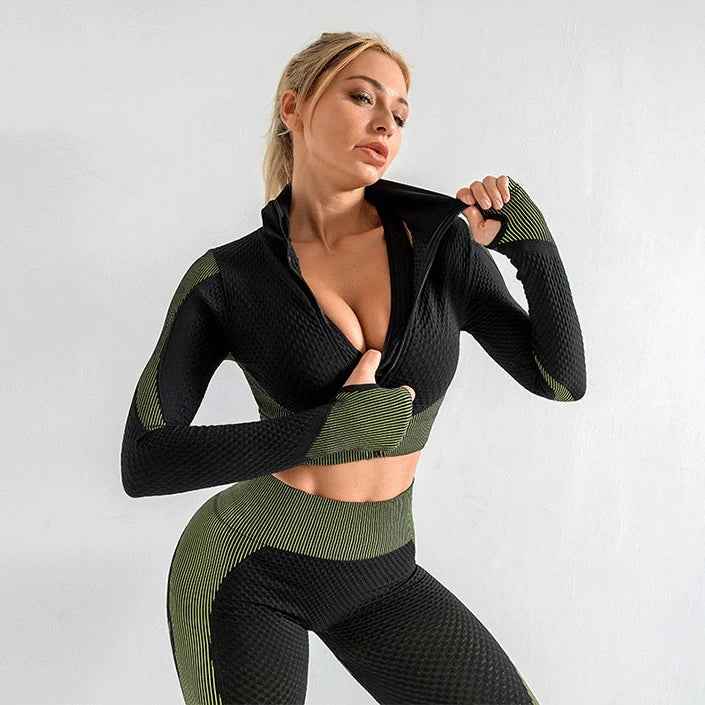 Women's Tracksuit 3 Piece High Waist Leggings and Crop Top Zip Up