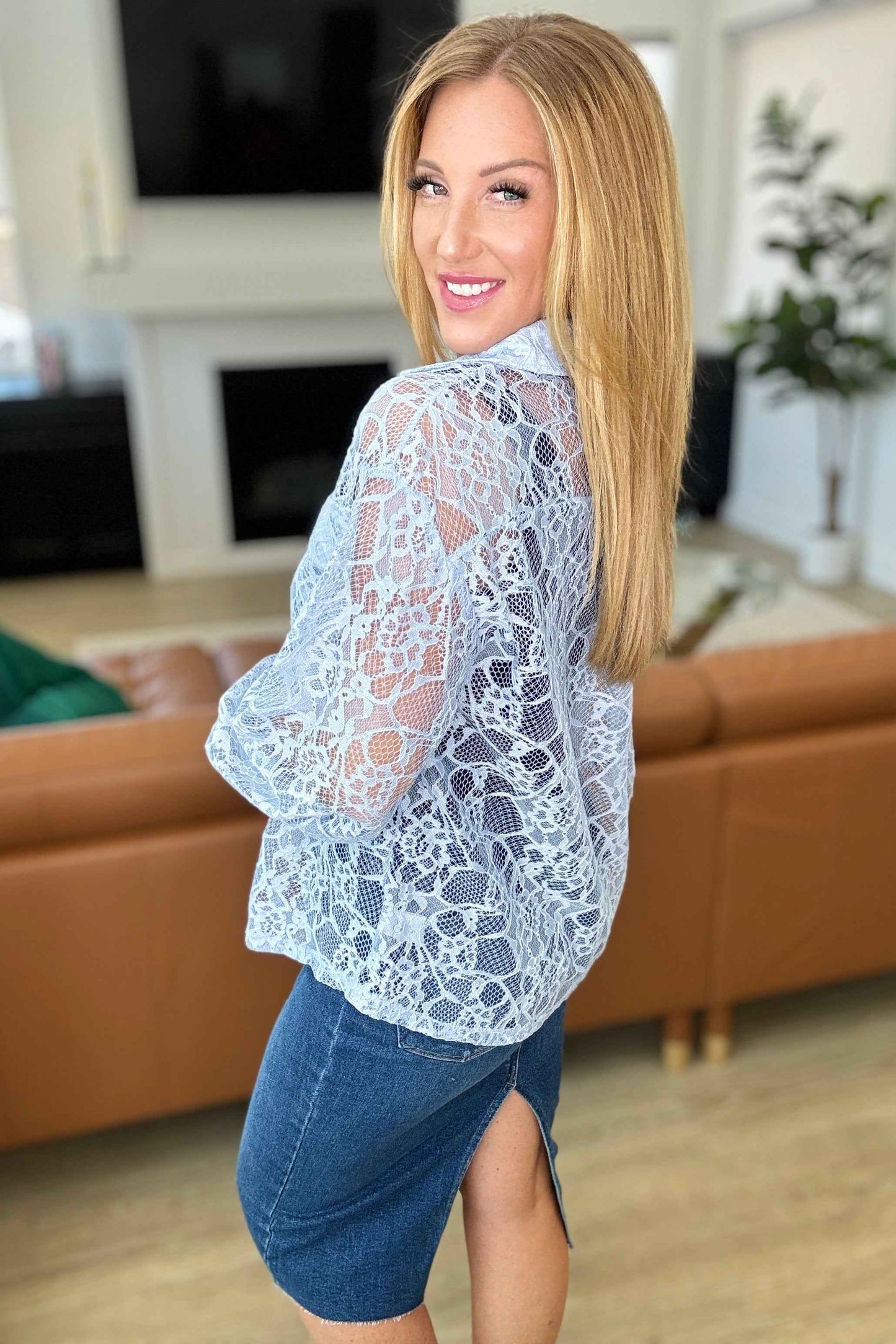 Stick Together Lace Button Up in Light Blue Women's Blouse