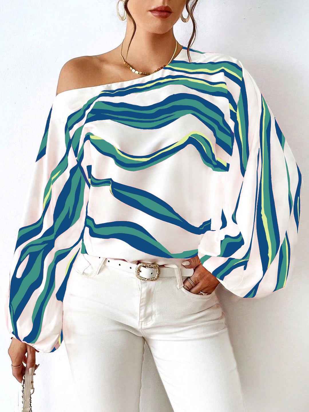 Off-Shoulder Wavy Stripe Short Sleeve Top