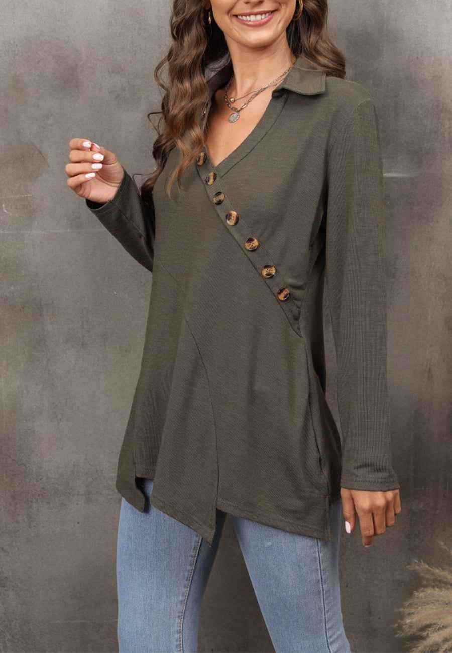 Contrast Button Asymmetrical Hem Sweater