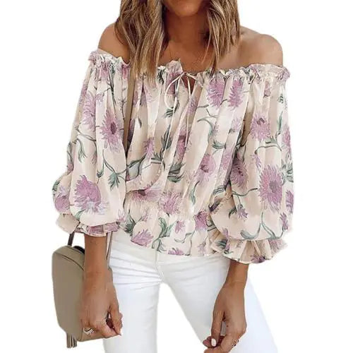 Women's Off-Shoulder Chiffon Print Long Sleeve Women's Top