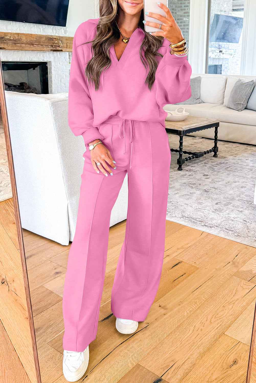 Pullover Top’s Polo Collar V-neck Sweatsuit