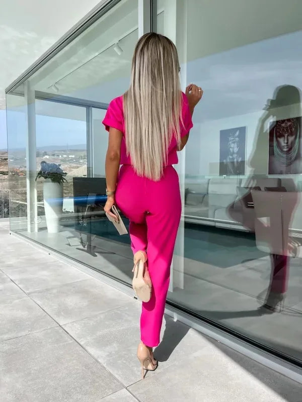 Women's Summer Jumpsuit Solid Color Short Sleeve V-neck Pocket Lace-up Pencil Long Pants - The Eggy's store