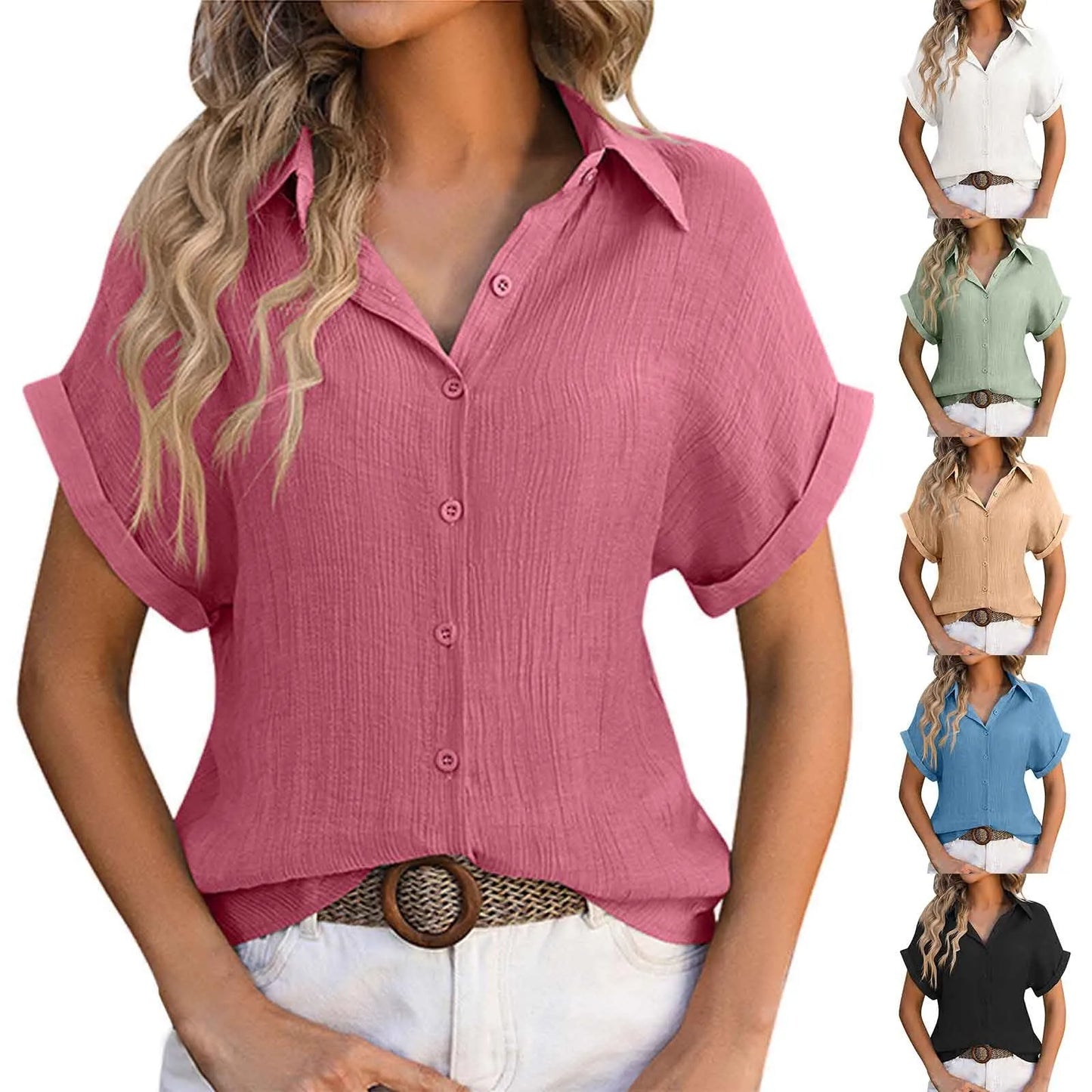 Summer Solid Color Shirts Women Cotton Linen Rolled Up Short Sleeve Slim Fit Tops Mujer Beach Style Leisure Buttons Up Blouse - The Eggy's store