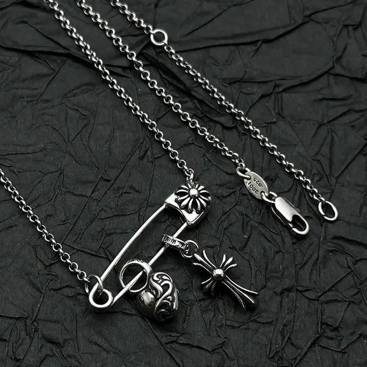 S925 Sterling Silver Peach Heart Cross Pin Necklace